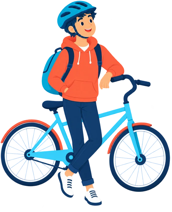 Max, la mascotte SOLIHA, arrivé sur place, debout à côté de son vélo.
