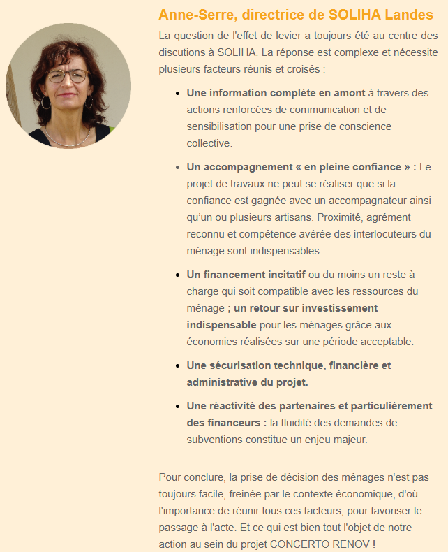Anne Serre, directrice de SOLIHA Landes, évoque la participation de l'association au projet Concerto Rénov'.